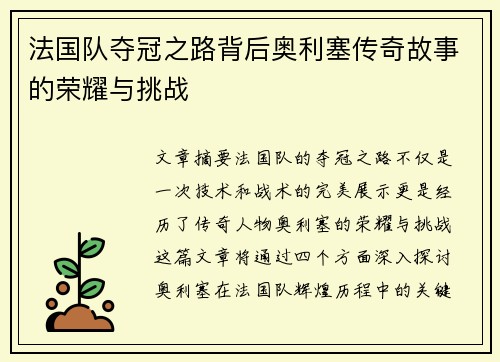 法国队夺冠之路背后奥利塞传奇故事的荣耀与挑战